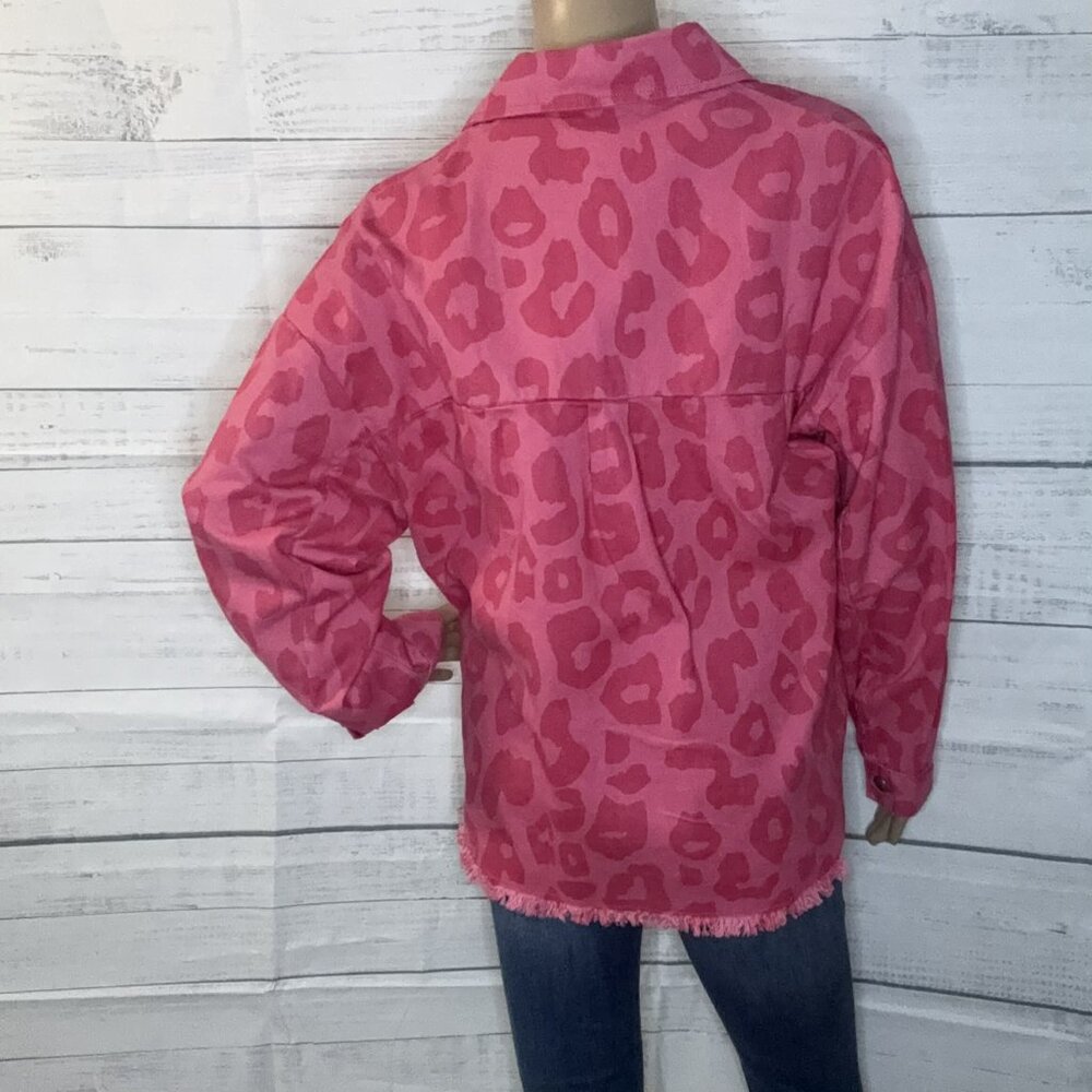 NWOT Pink Leopard Print Button Cuffs Raw Hem Jacket - Picture 6 of 8